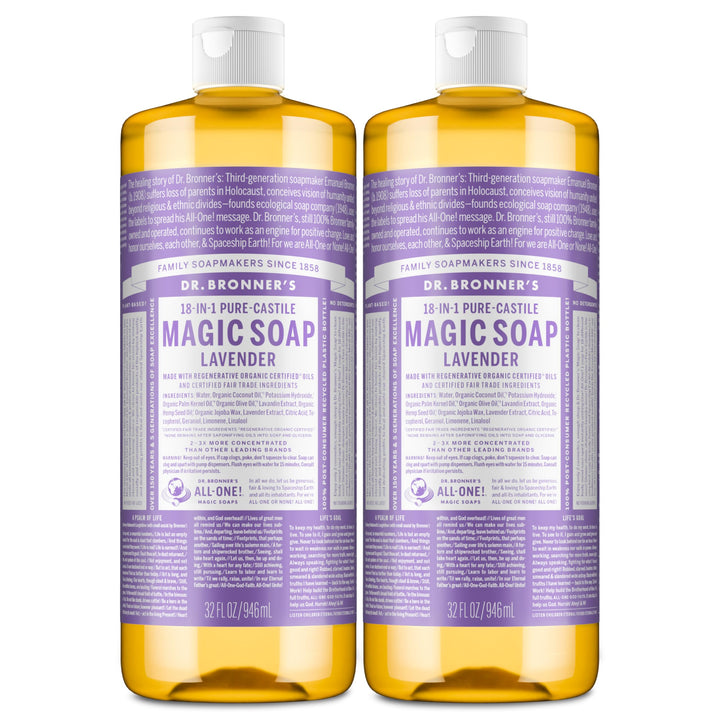 Dr. Bronner's lavender front packaging showing dual 32-ounce bottles and brand