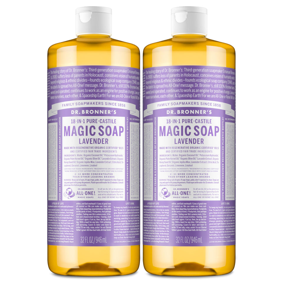 Dr. Bronner's lavender front packaging showing dual 32-ounce bottles and brand