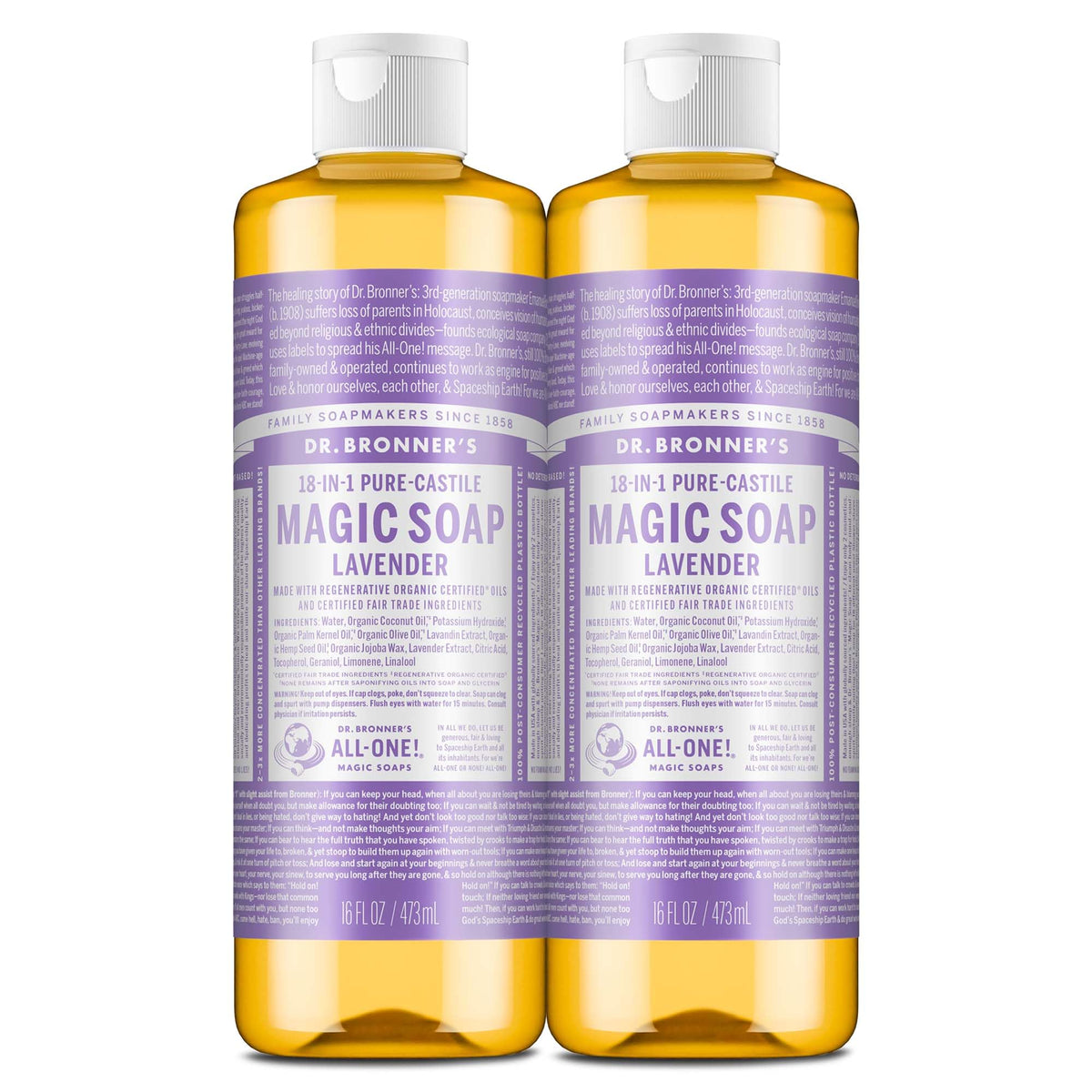 Dr. Bronner's lavender front bottle showing label and benefits