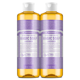 Dr. Bronner's lavender front bottle showing label and benefits