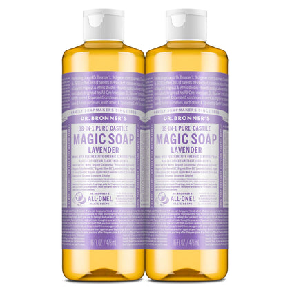 Dr. Bronner's lavender front bottle showing label and benefits
