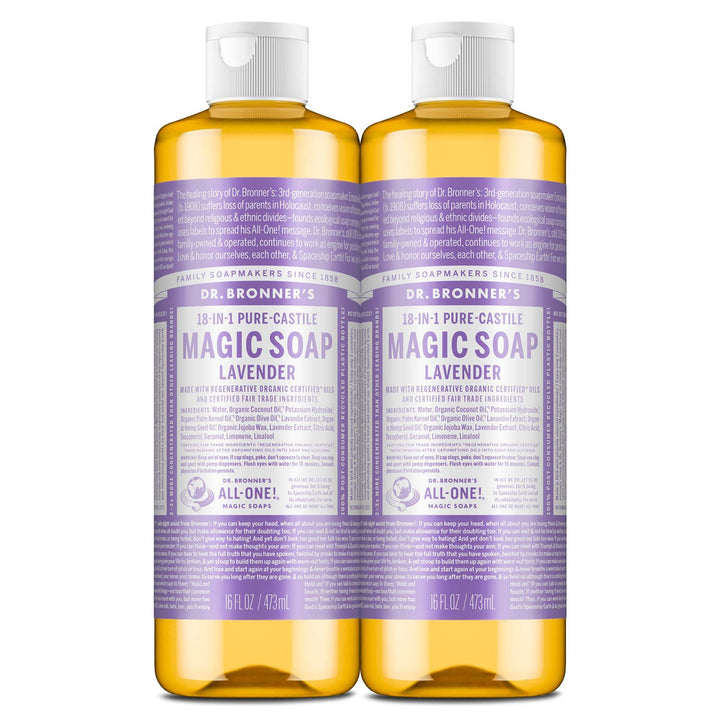 Dr. Bronner's lavender front bottle showing label and benefits