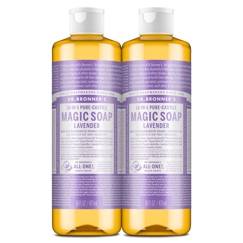 Dr. Bronner's lavender front bottle showing label and benefits