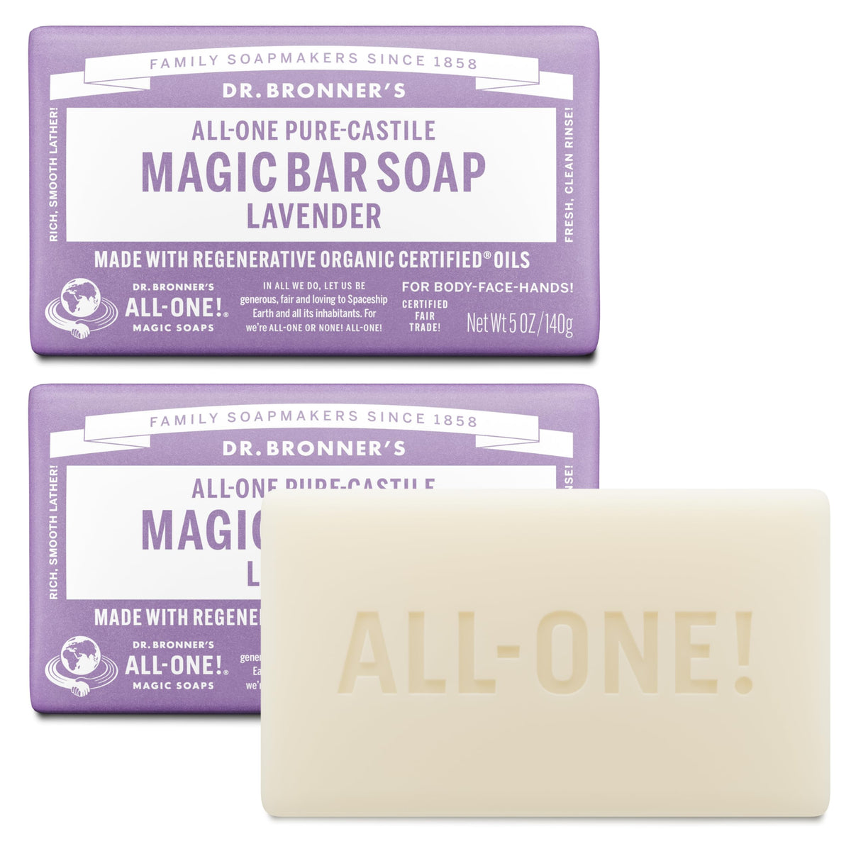 Dr. Bronner's lavender front packaging showing recyclable wrapper and calm scent benefits