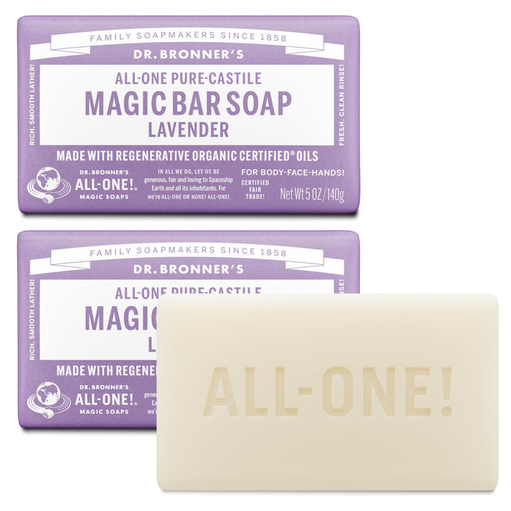 Dr. Bronner's lavender front packaging showing recyclable wrapper and calm scent benefits