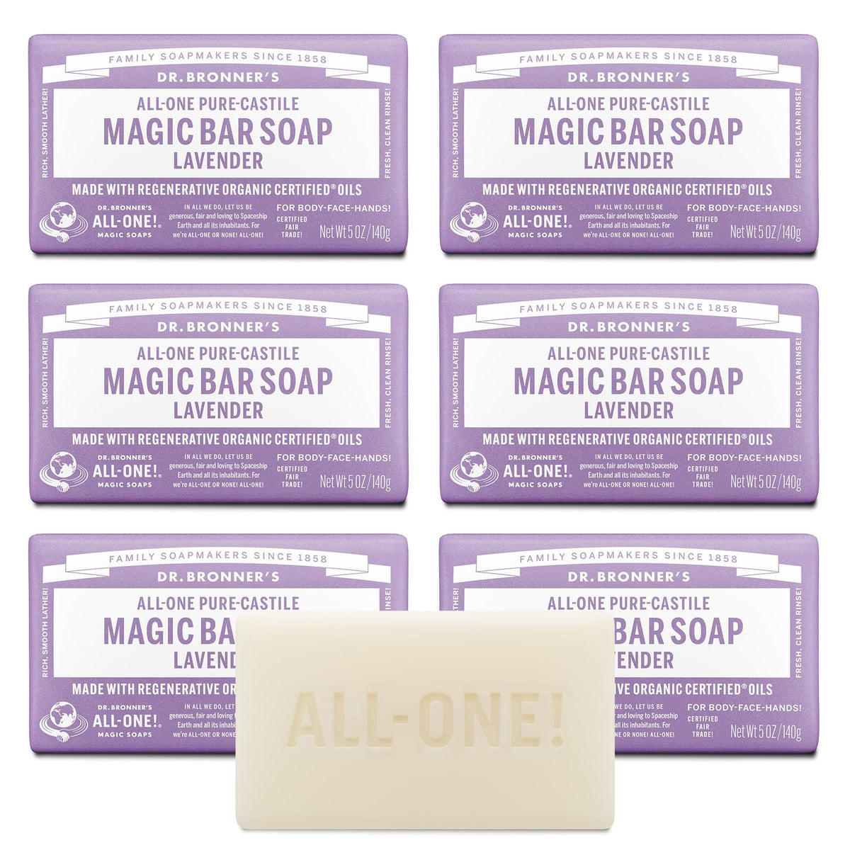 Dr. Bronner's front packaging showing lavender soap and benefits