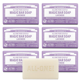 Dr. Bronner's front packaging showing lavender soap and benefits