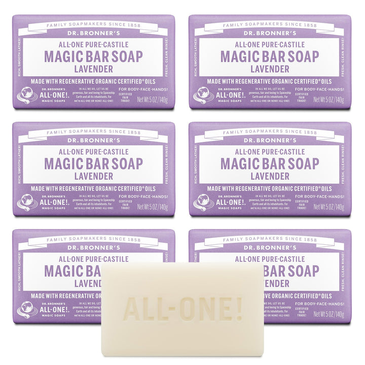Dr. Bronner's front packaging showing lavender soap and benefits