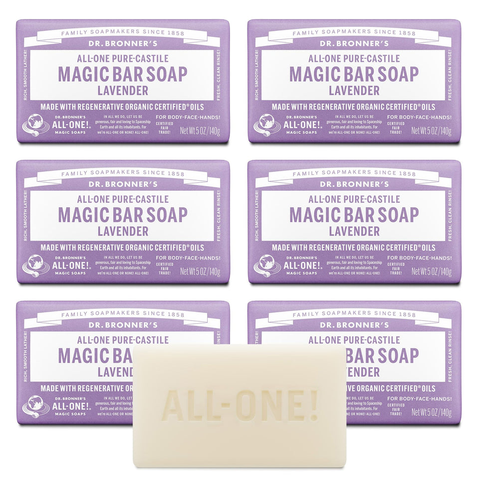 Dr. Bronner's front packaging showing lavender soap and benefits
