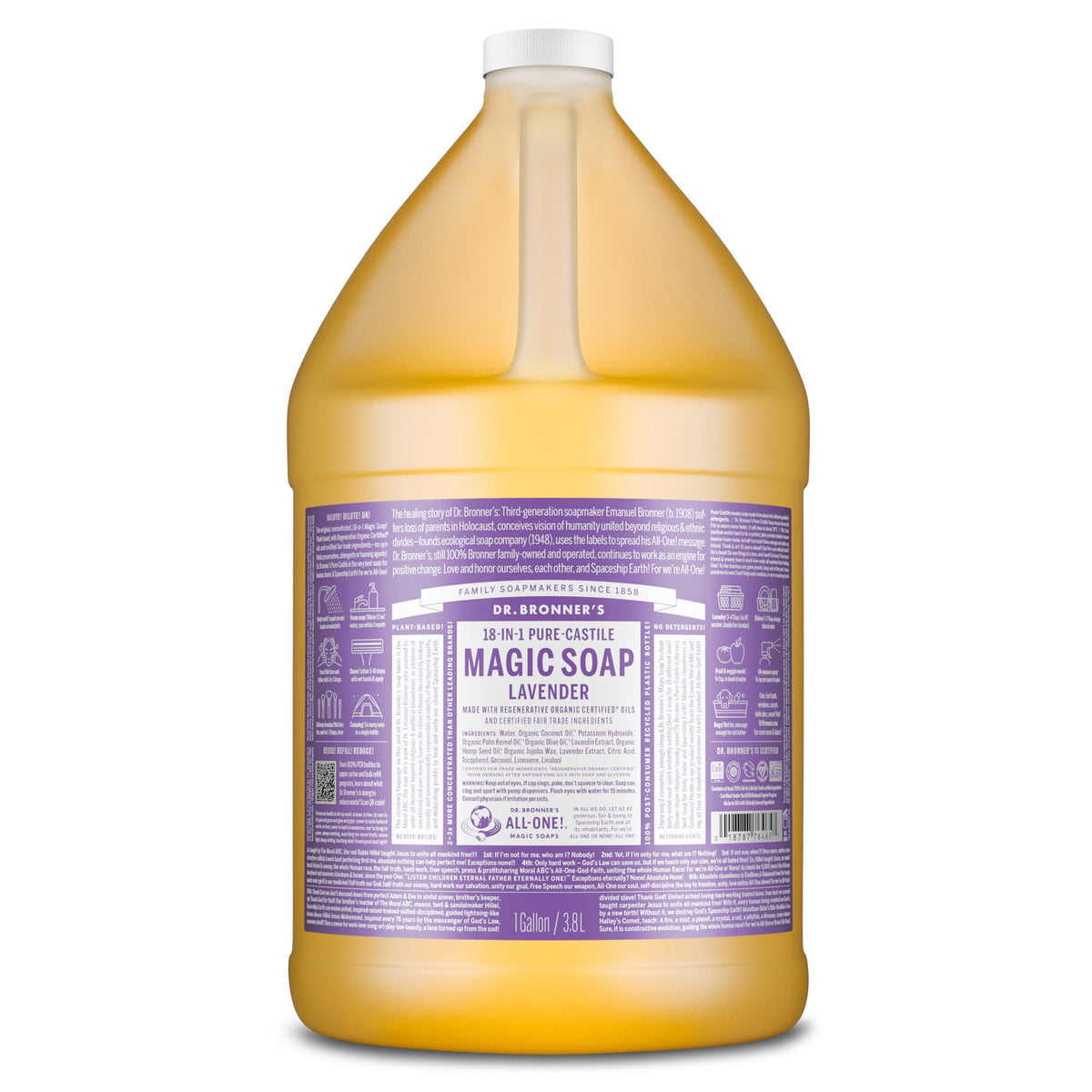 Dr. Bronner's front packaging showing gallon bottle and lavender scent benefit