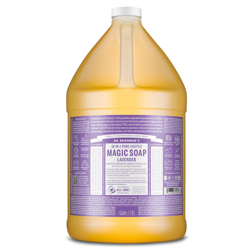 Dr. Bronner's front packaging showing gallon bottle and lavender scent benefit