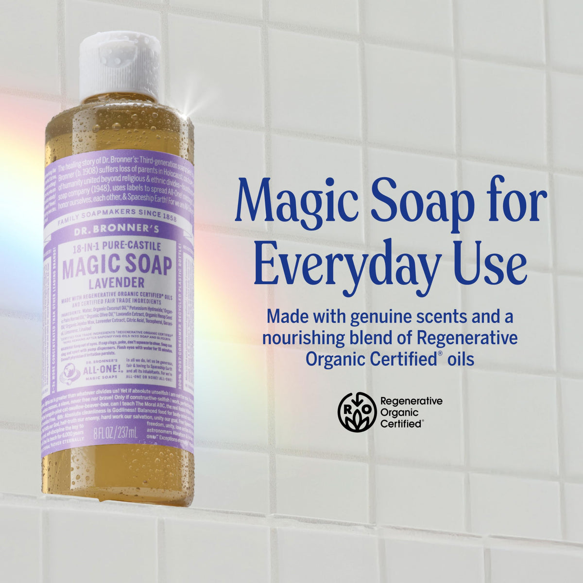 Dr. Bronner's creating lather on hands for gentle cleansing and effective suds
