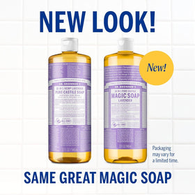 Dr. Bronner's pouring concentrated lavender soap with visible viscosity and economical use
