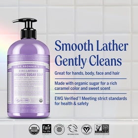 Dr. Bronner's lavender soap pouring to show creamy texture benefit
