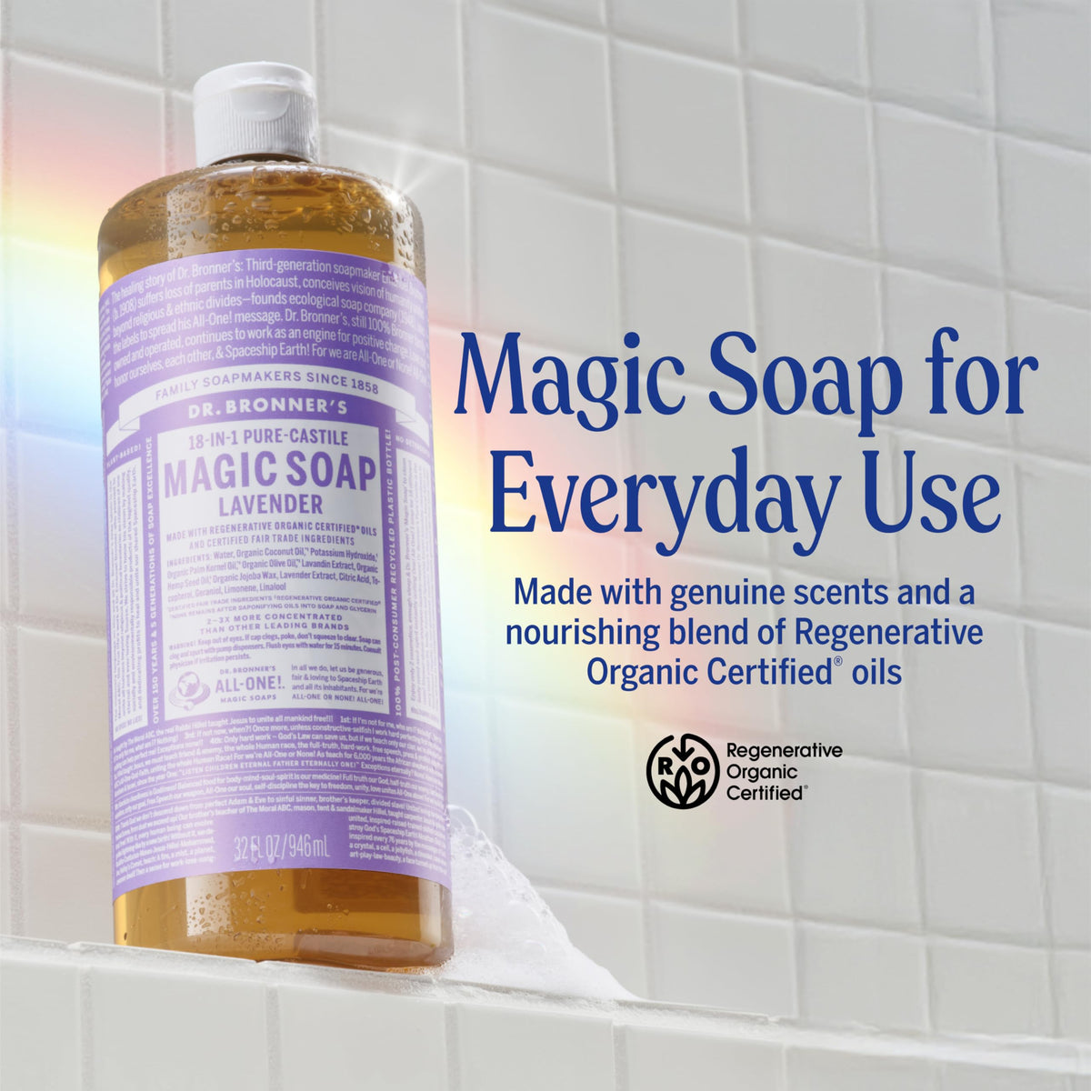 Dr. Bronner's lavender soap pouring to show texture and concentrated value