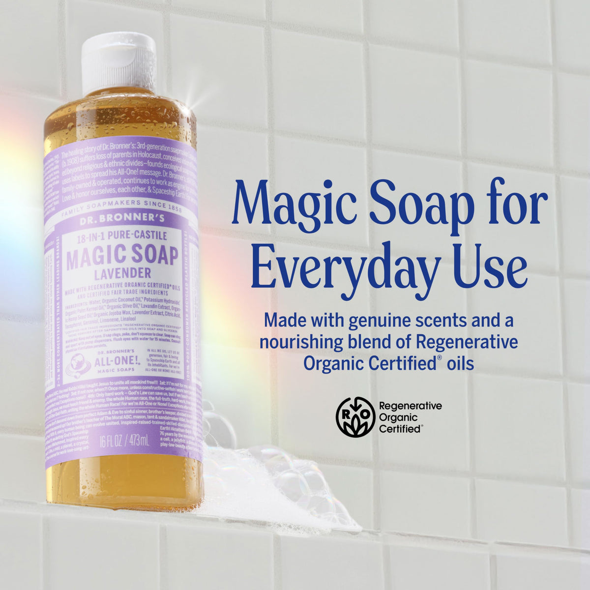 Dr. Bronner's lavender pouring texture demonstrating rich lather and dilution benefit