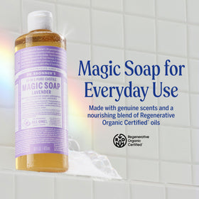 Dr. Bronner's lavender pouring texture demonstrating rich lather and dilution benefit
