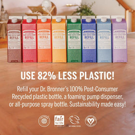 Dr. Bronner's refill pouring into pump bottle for reduced-plastic benefit