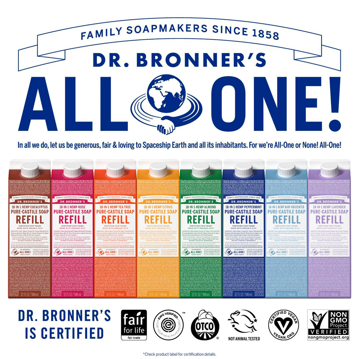 Dr. Bronner's refill carton pouring into reusable bottle, emphasizing plastic reduction