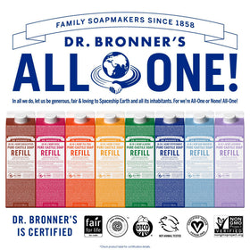 Dr. Bronner's refill carton pouring into reusable bottle, emphasizing plastic reduction