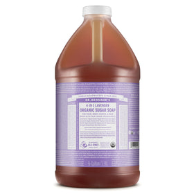 Dr. Bronner's front packaging showing 64 oz bottle and lavender label benefit gentle cleansing
