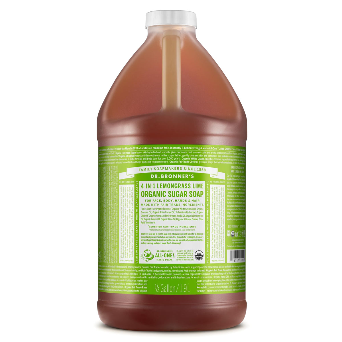 Dr. Bronner's front label showing lemongrass scent and organic certifications, promotes natural cleansing
