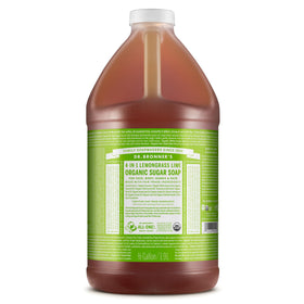 Dr. Bronner's front label showing lemongrass scent and organic certifications, promotes natural cleansing