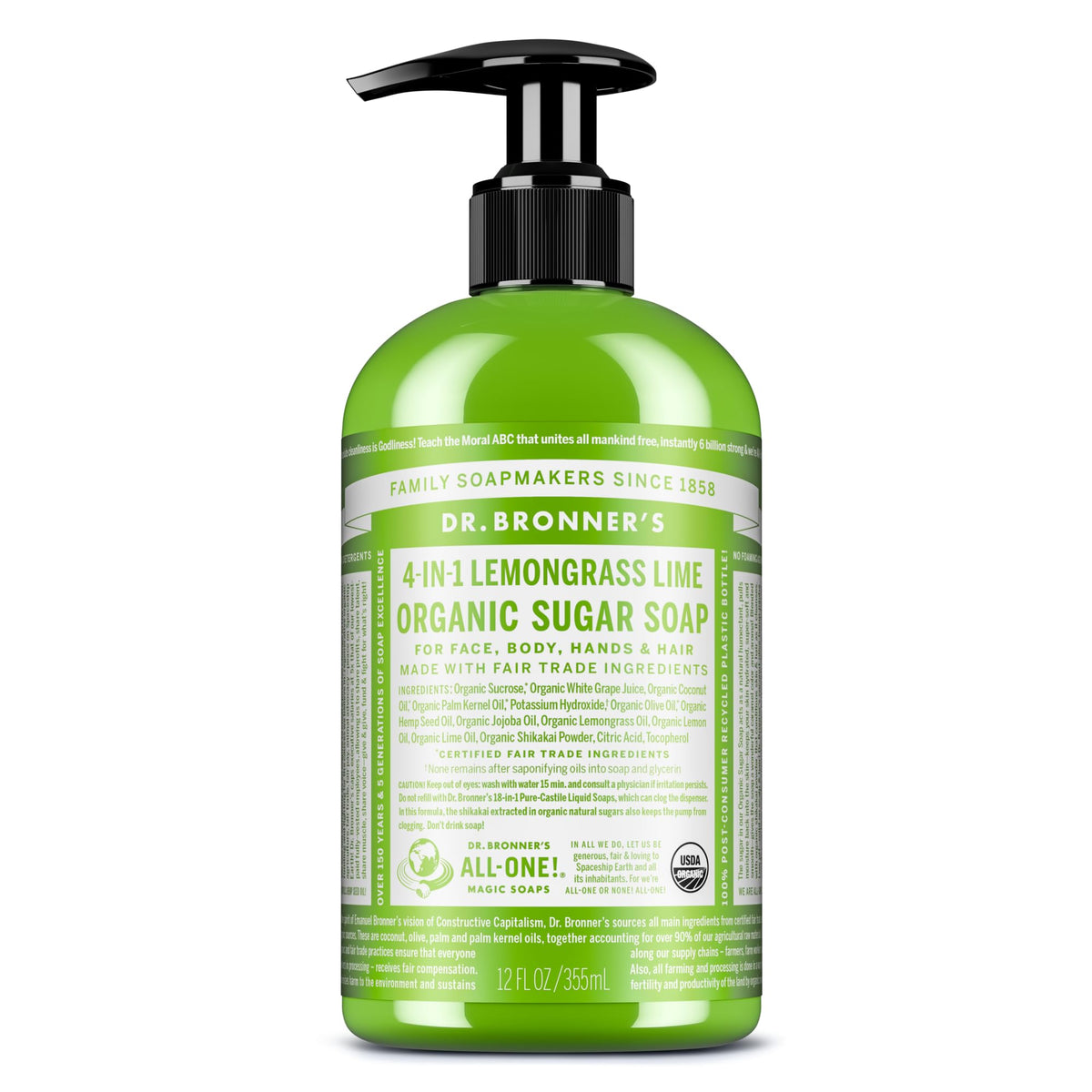 Dr. Bronner's lemongrass front label showing organic claims and scent benefit