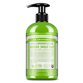 Dr. Bronner's lemongrass front label showing organic claims and scent benefit