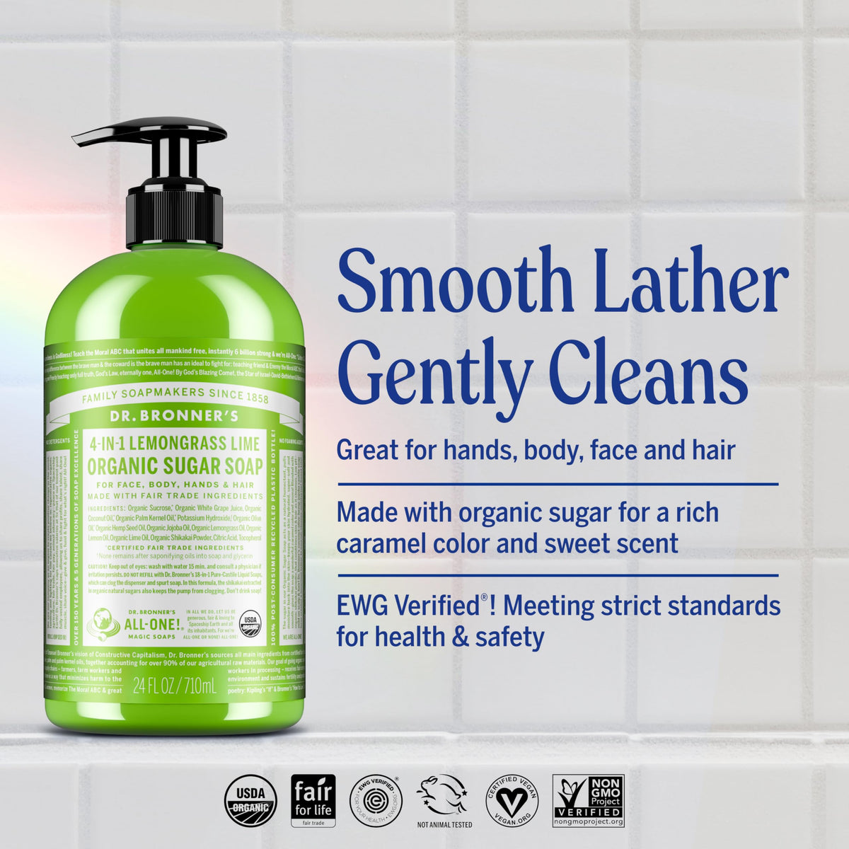 Dr. Bronner's pump and cap ready for dispensing with easy-use benefit