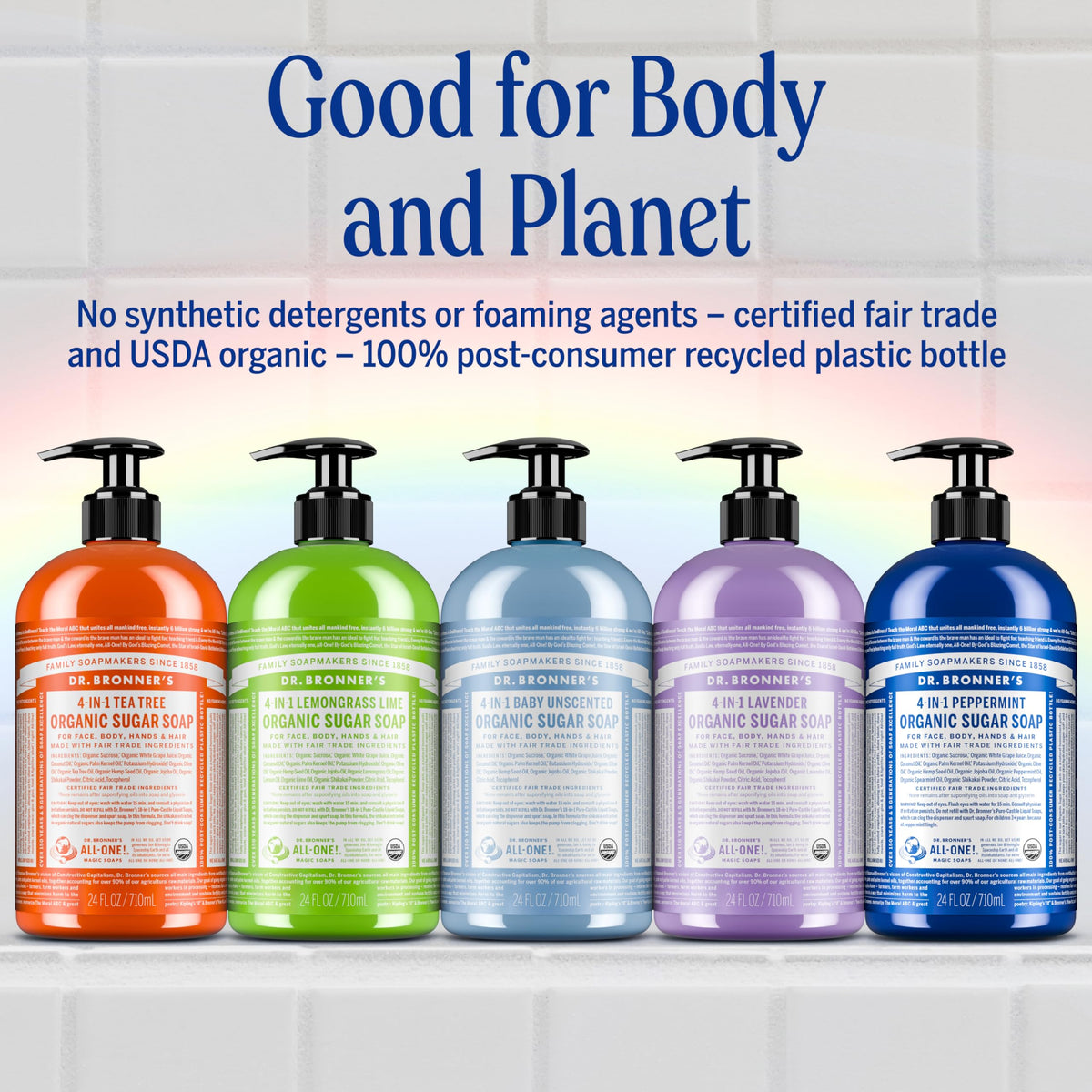 Recycled plastic mark on Dr. Bronner's bottle emphasizing eco-friendly packaging