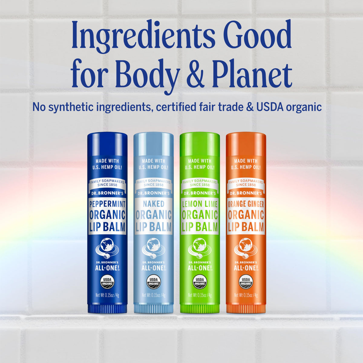 Dr. Bronner's applying balm to lips illustrating immediate softening benefit