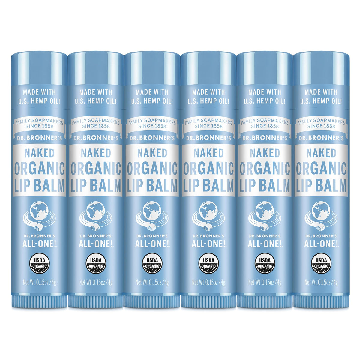 Dr. Bronner's front packaging showing six unscented lip balm tubes, easy storage