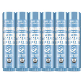 Dr. Bronner's front packaging showing six unscented lip balm tubes, easy storage