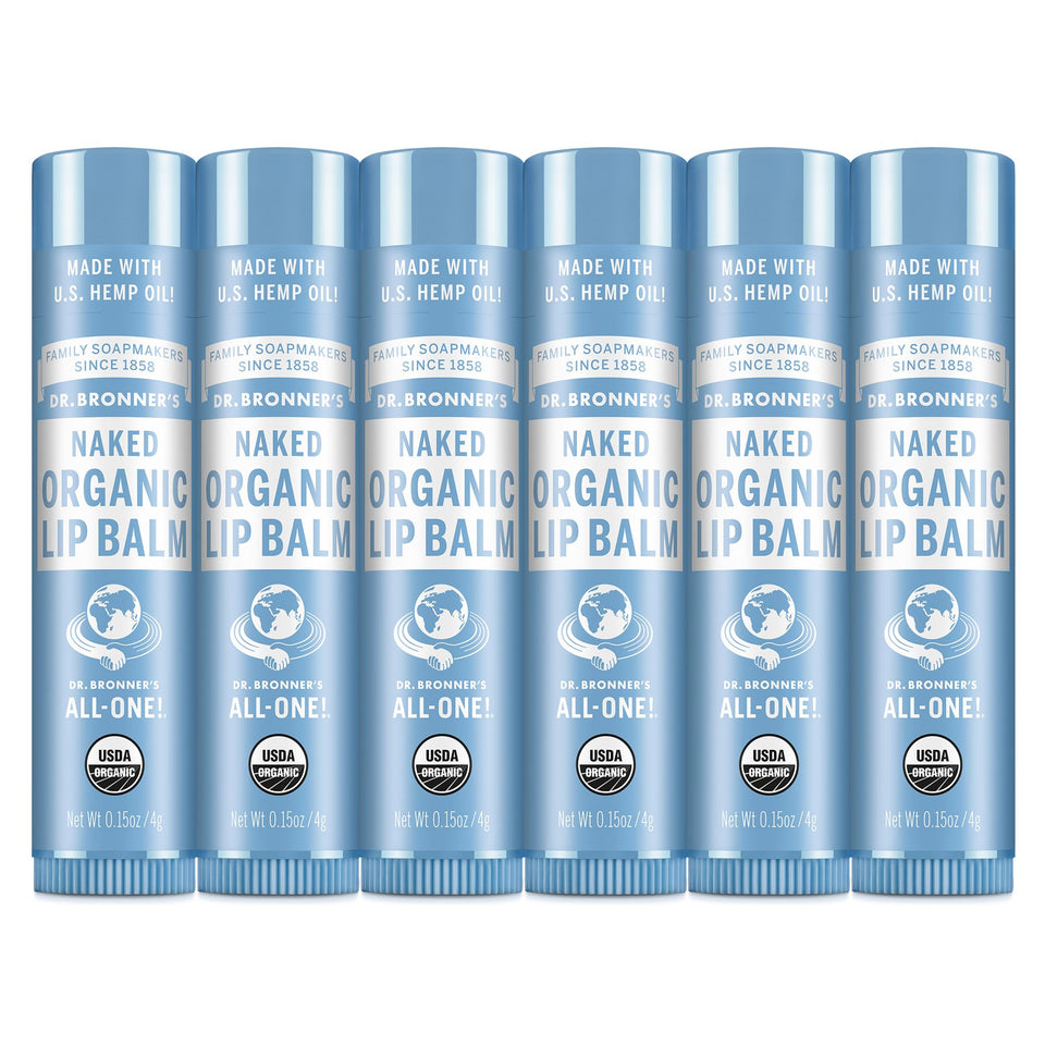 Dr. Bronner's front packaging showing six unscented lip balm tubes, easy storage