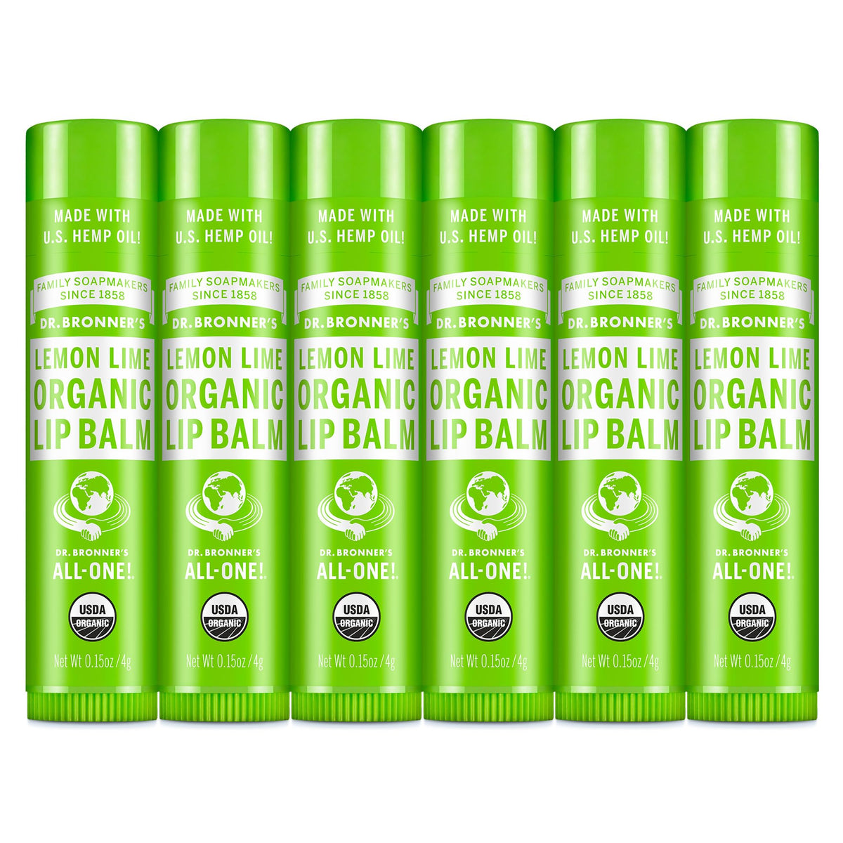 Dr. Bronner's front packaging showing six Lemon Lime lip balm tubes and benefits