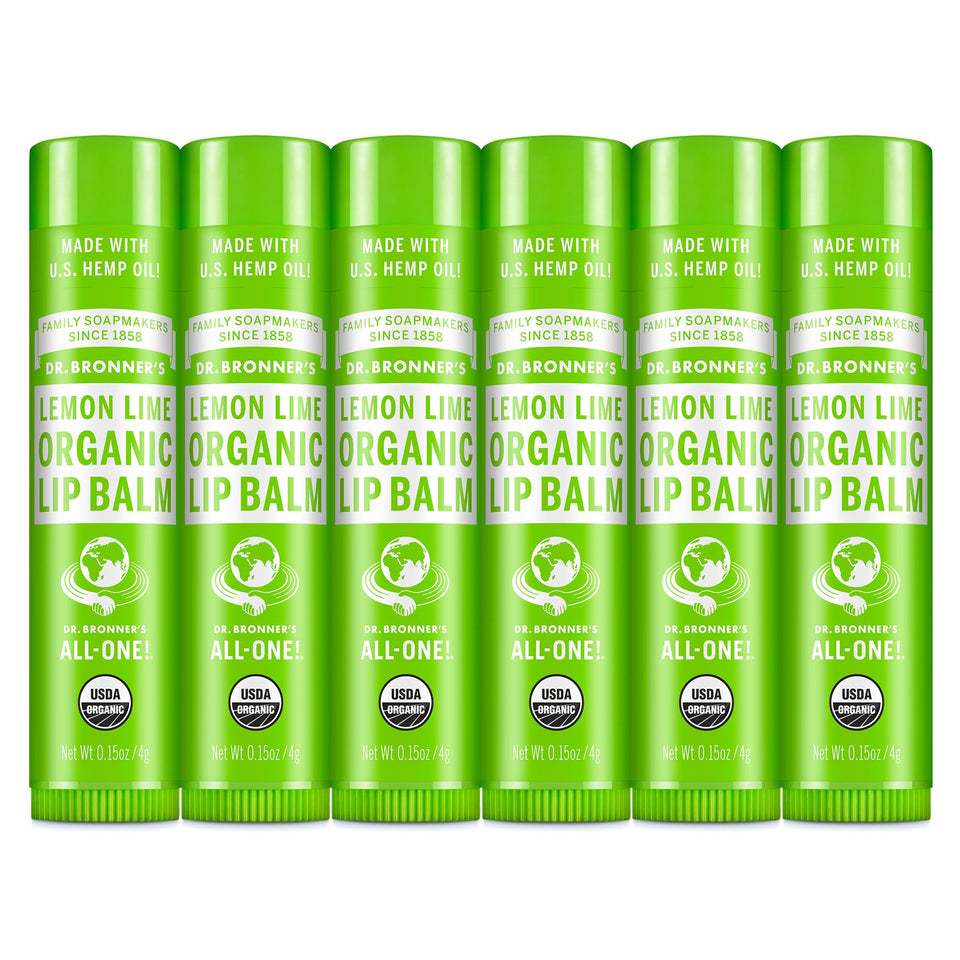 Dr. Bronner's front packaging showing six Lemon Lime lip balm tubes and benefits