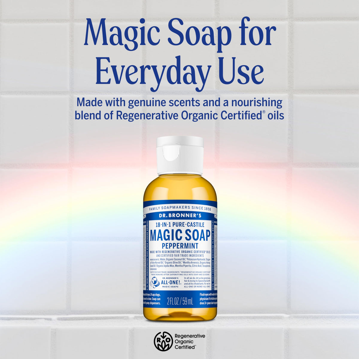 Dr. Bronner's bottle label close-up highlighting organic and fair-trade benefits