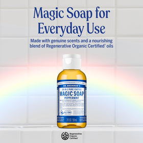 Dr. Bronner's bottle label close-up highlighting organic and fair-trade benefits