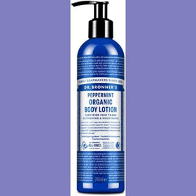 Dr. Bronner's lotion on bathroom counter illustrating daily routine convenience