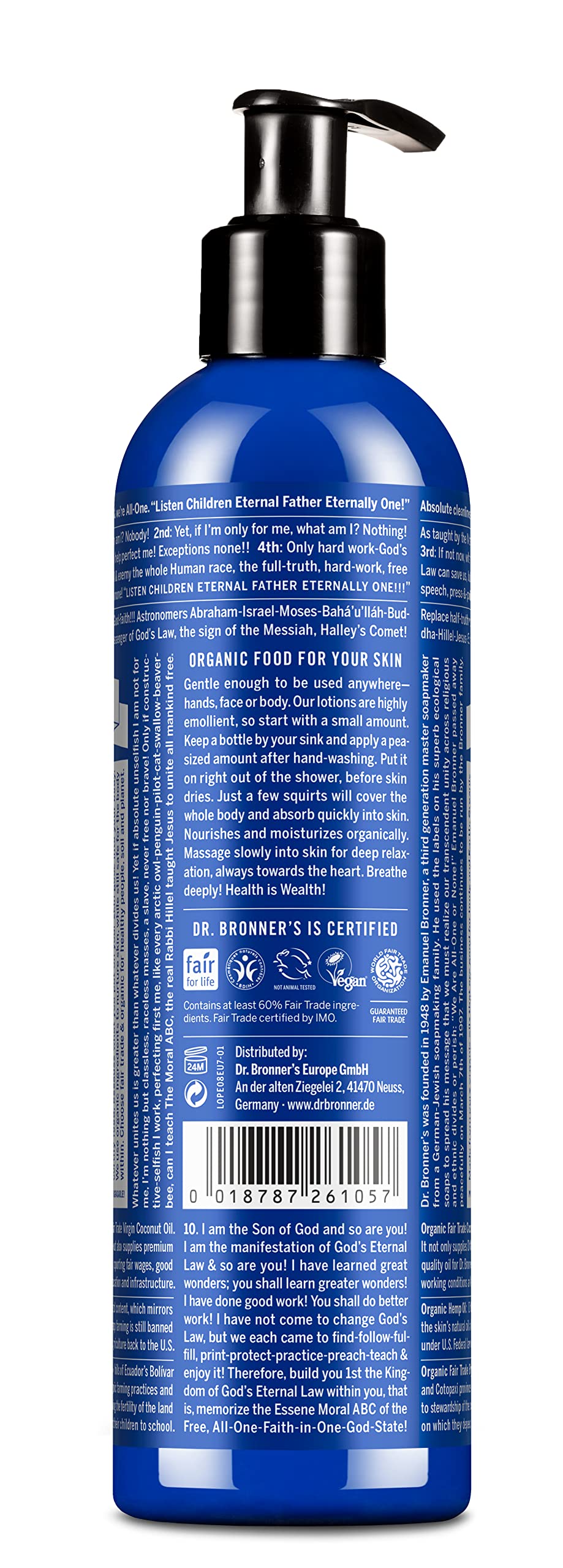 Dr. Bronner's lotion pump close-up highlighting easy dispensing and tidy use