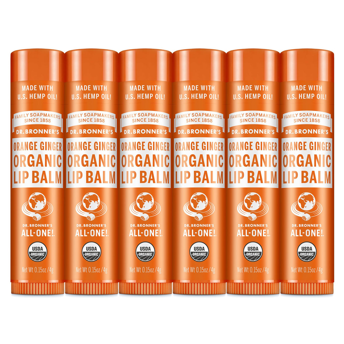 Dr. Bronner's front packaging showing six orange-ginger lip balm tubes for everyday hydration