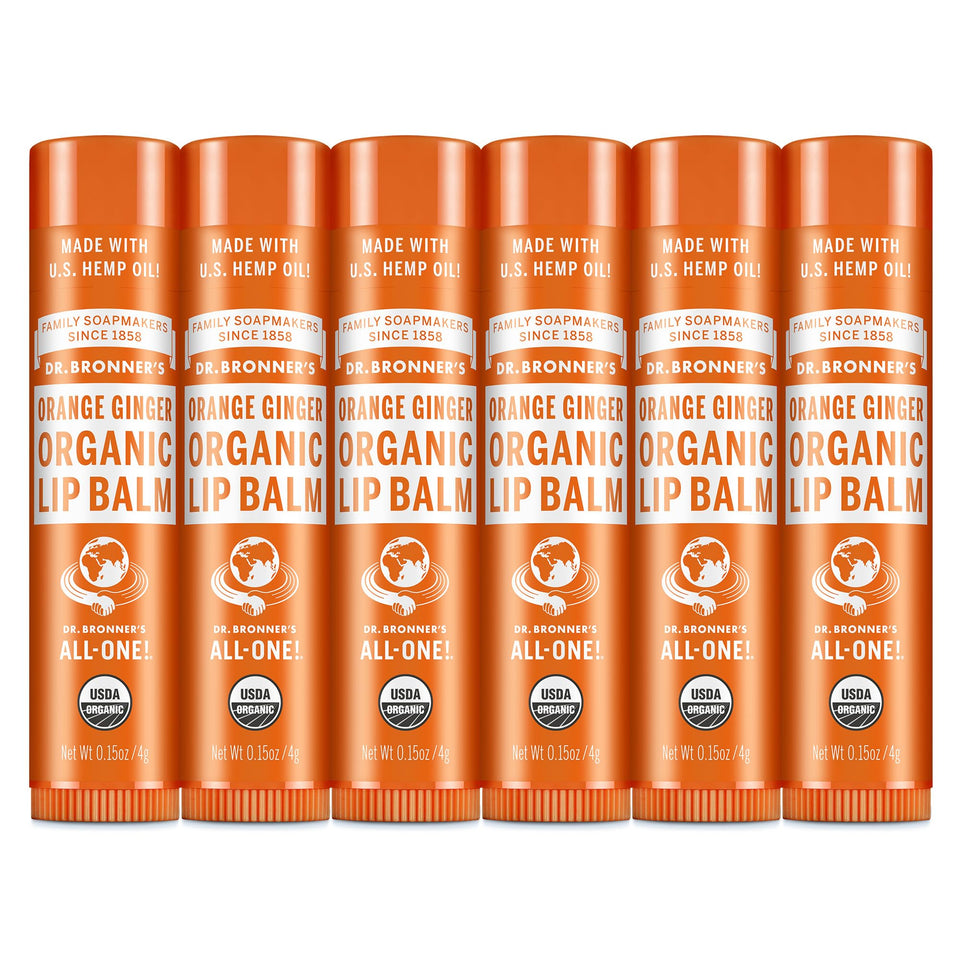 Dr. Bronner's front packaging showing six orange-ginger lip balm tubes for everyday hydration