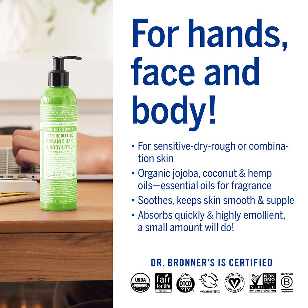 Dr. Bronner's patchouli lime being applied to hands for fast hydration and softness