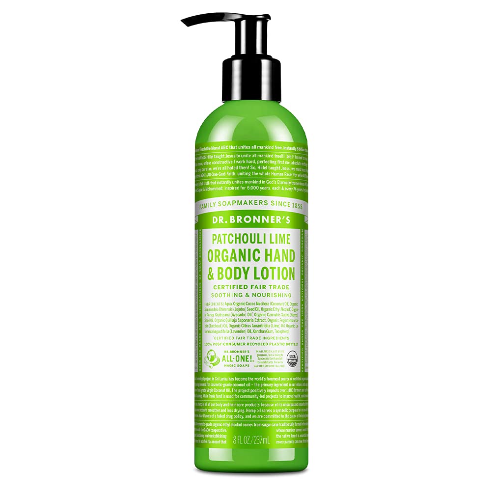 Dr. Bronner's patchouli lime front label showing organic certification and benefits