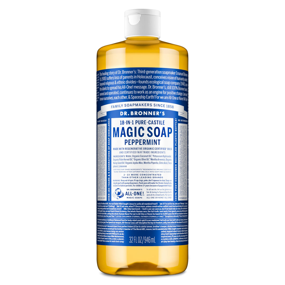 Dr. Bronner's 32oz peppermint bottle front view showing size and label benefit