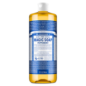 Dr. Bronner's 32oz peppermint bottle front view showing size and label benefit