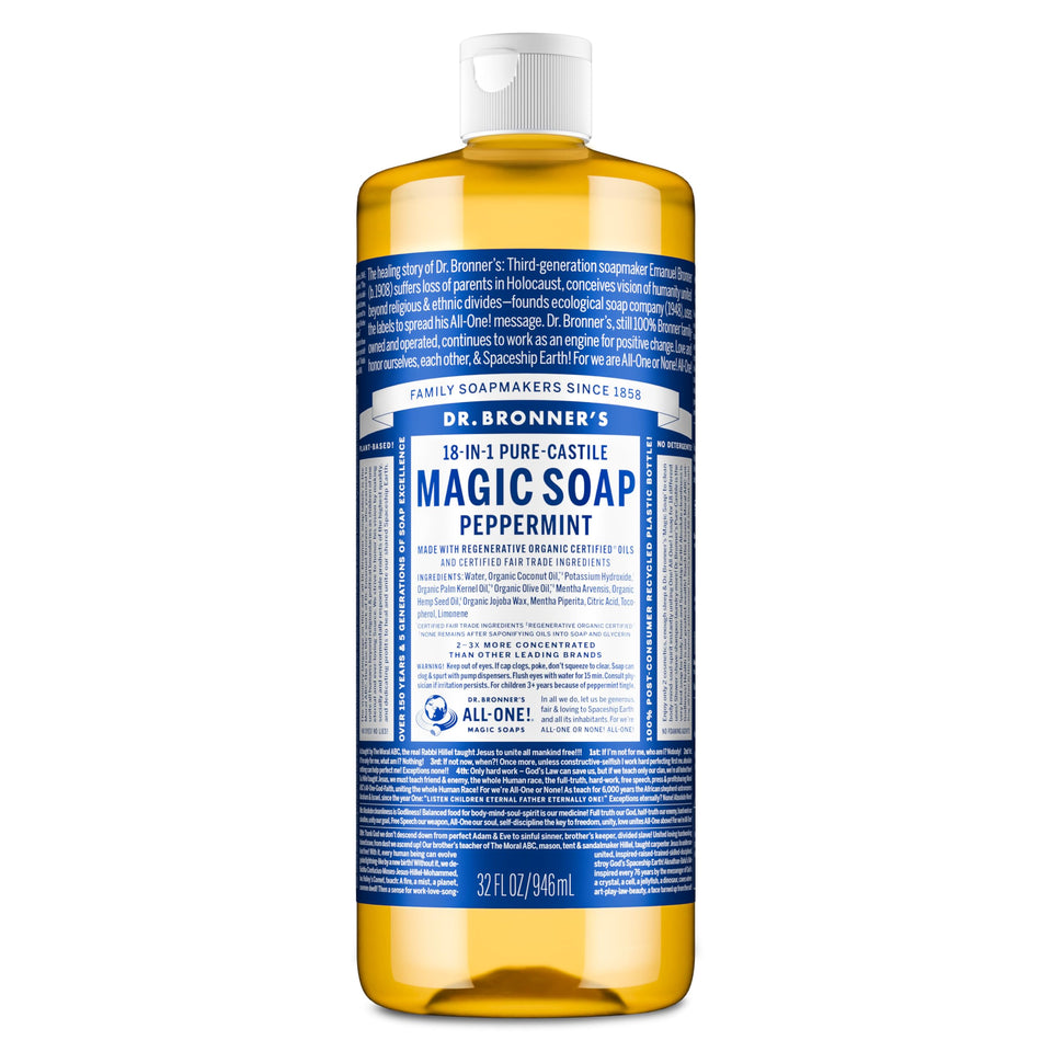 Dr. Bronner's 32oz peppermint bottle front view showing size and label benefit