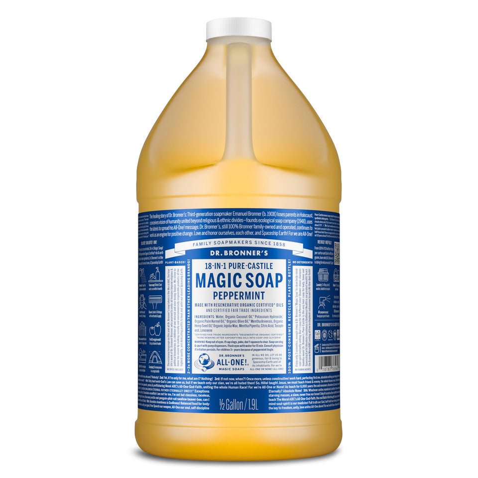 Dr. Bronner's front bottle showing peppermint label and volume benefits