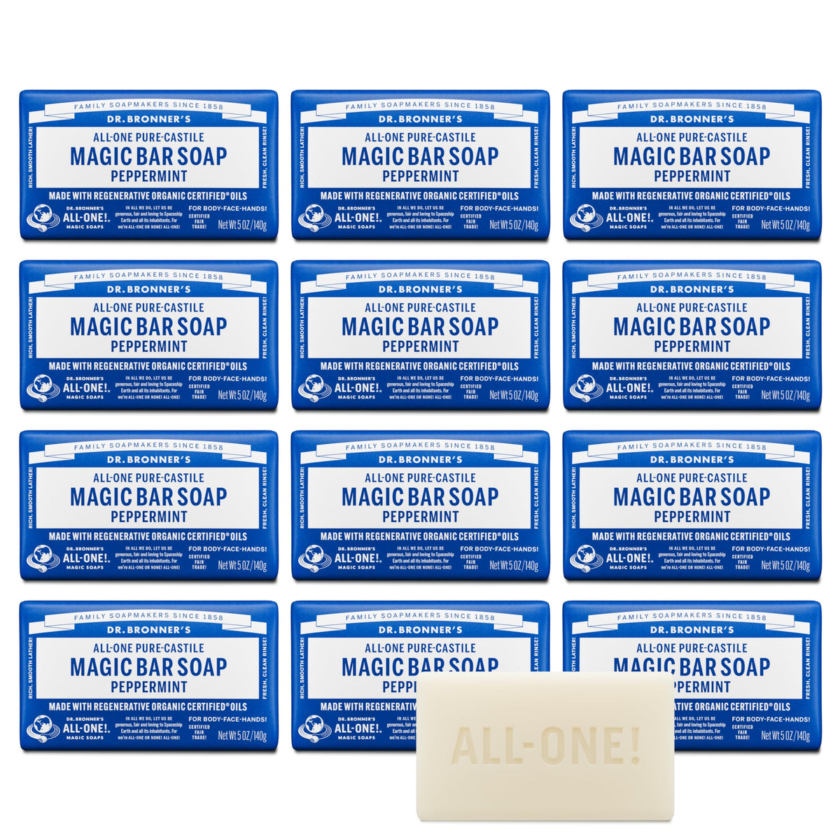 Dr. Bronner's peppermint bar front packaging showing brand clarity and freshness benefit
